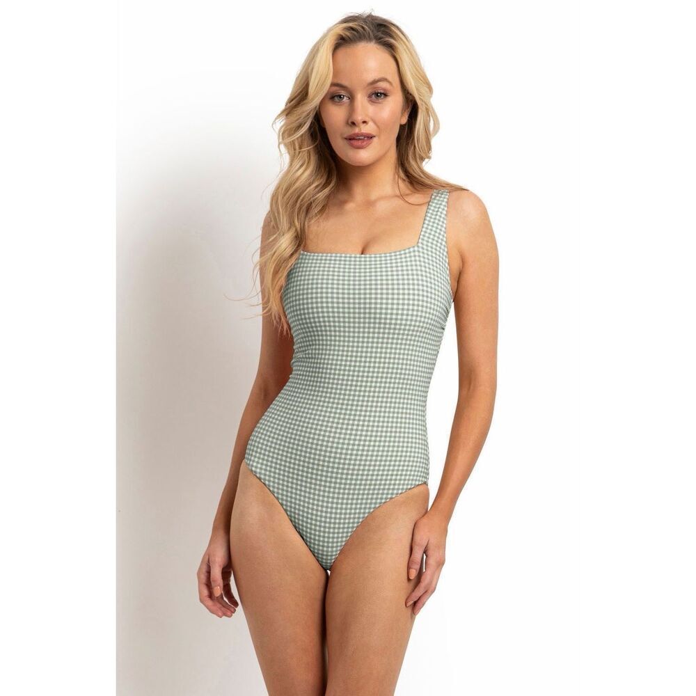 Sunseeker One Piece Swimsuit TEXTURED GIDGET NEW SQUARE NECK Checked Sage Green